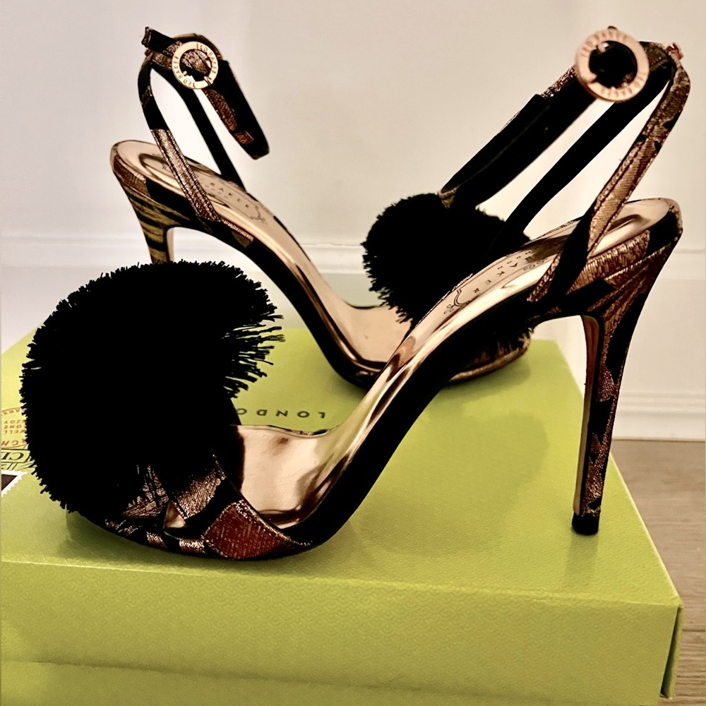 Ted Baker London 8M ELYNIE Black & Rose Gold Jacquard Pom Pom Heels